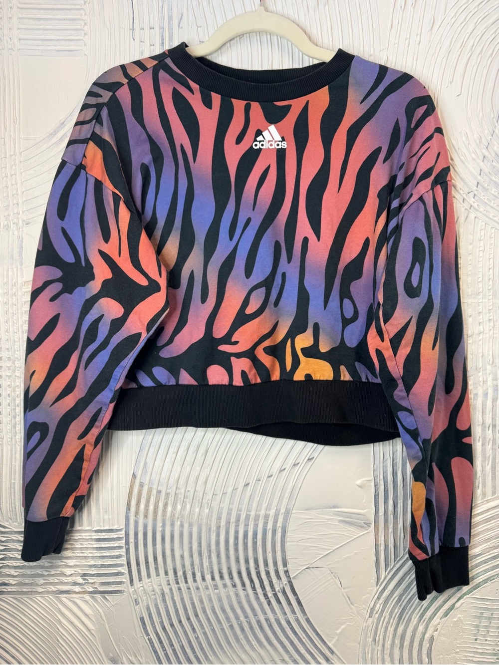 adidas Cropped Zebra-Print Sweatshirt in Black, Purple & Pink